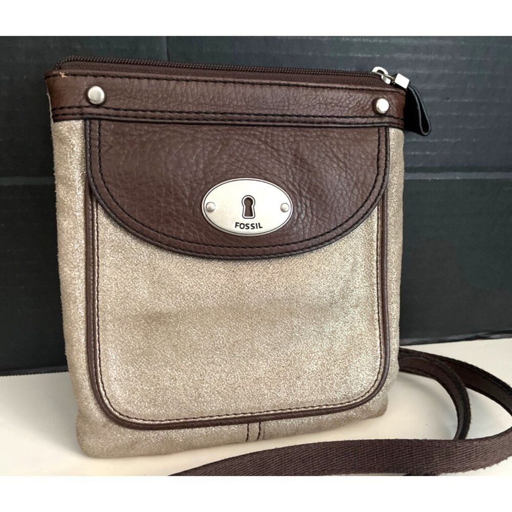 Fossil Dark Brown Leather Metallic Crossbody